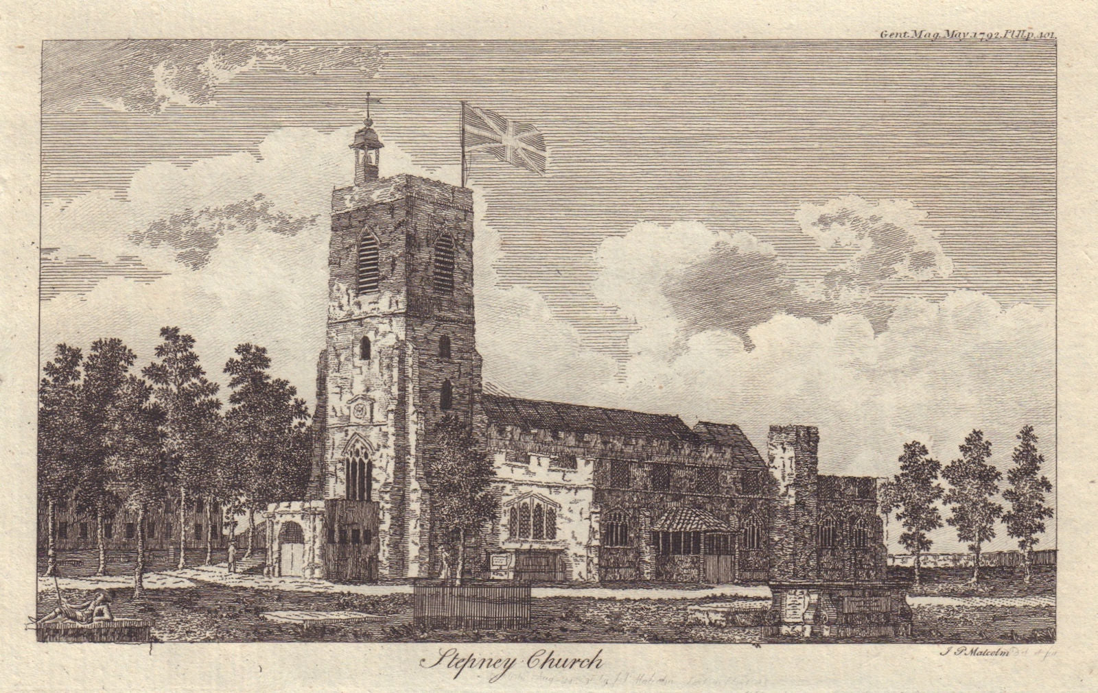Stepney church. St Dunstan's church. London 1792 old antique print picture
